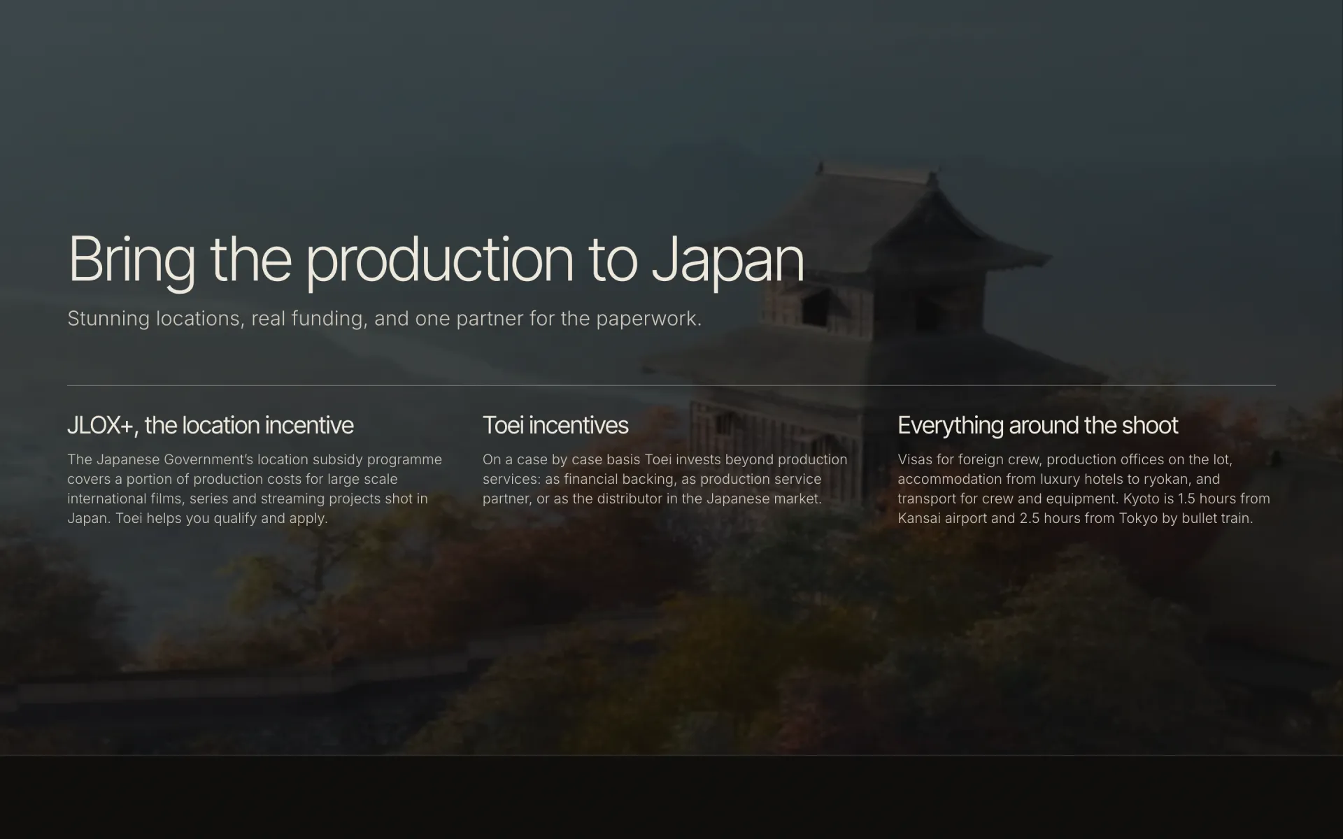 The Bring the production to Japan section: JLOX+, Toei incentives, and support around the shoot